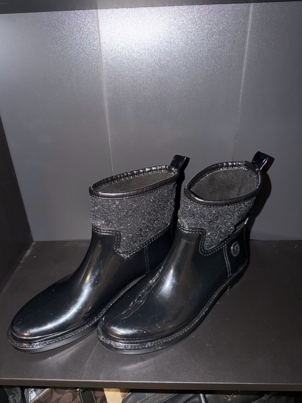 Michael Kors Women's Black Glitter Ankle Rain Boots - Picture 1 of 4